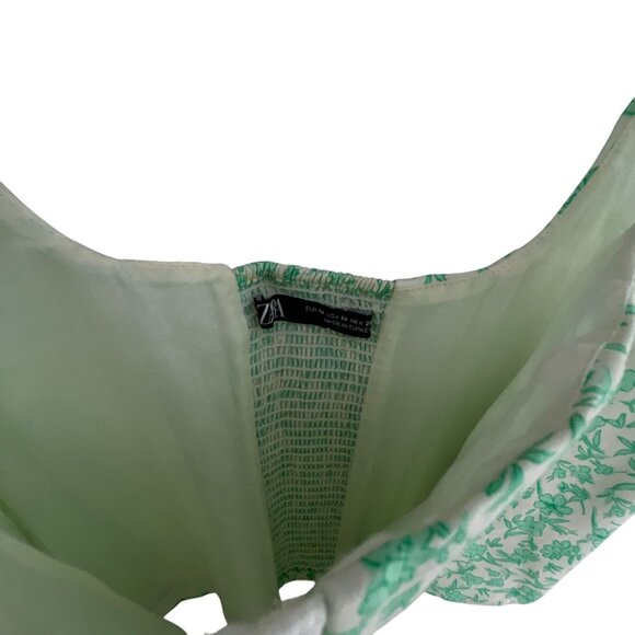 Zara Mint Green Floral Poplin Corset Top Sz M Cotton Blend Smocked Cropped - Picture 6 of 7